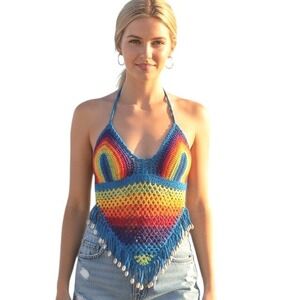 Island Planet Rainbow Festival Women's size Small Crochet Open Knit Beachy Top